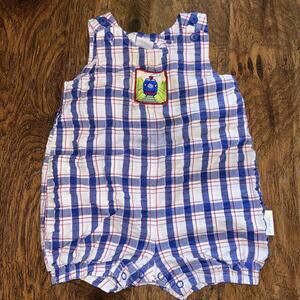 🔥🔥SOLD🔥🔥 Little Me Infant Boys Choo Choo Train Plaid Shorts Overalls Sz 9 Months